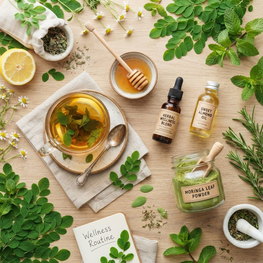 Produits de bien-être naturels : plantes médicinales, tisane et huiles naturelles
